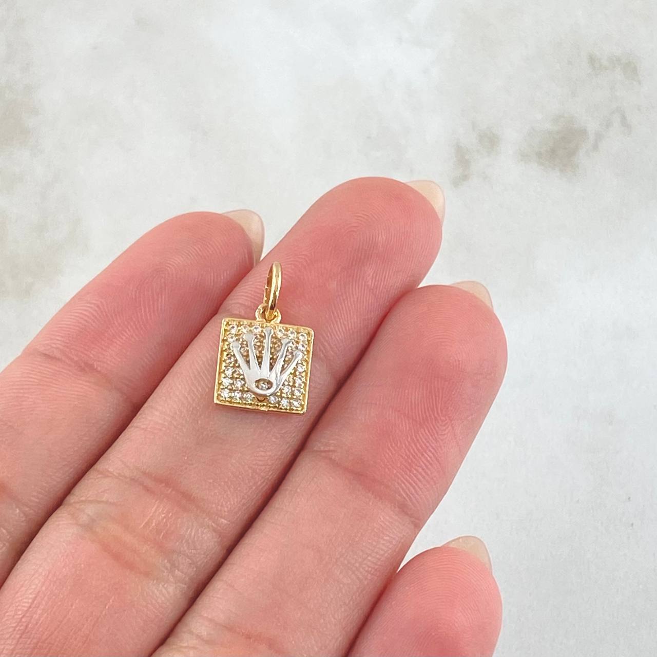 Dense Square Set Crown - Stud Earrings 0.9cm - Pendant 1.5cm 4.35gr White Zirconia 18K Gold ©