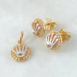 Set Circulo Tupido Corona - Topos 0.9cm - Dije 1.5cm 3.55gr Circones Blancos Oro 18K ©
