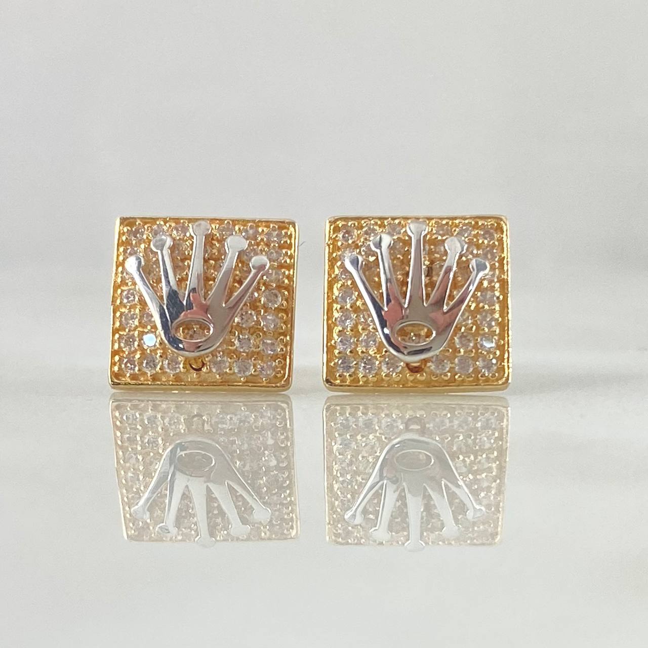 Dense Square Set Crown - Stud Earrings 0.9cm - Pendant 1.5cm 4.35gr White Zirconia 18K Gold ©