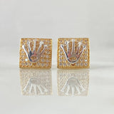 Dense Square Set Crown - Stud Earrings 0.9cm - Pendant 1.5cm 4.35gr White Zirconia 18K Gold ©