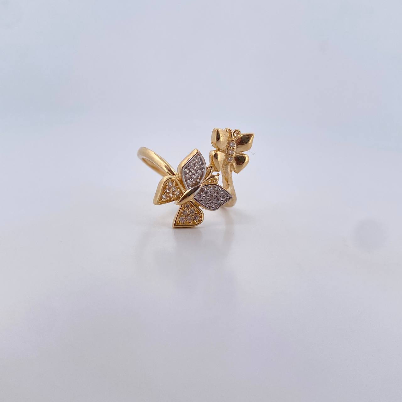 Anillo Mariposa Doble 3.65gr / T7 / Circones Blancos Dos Oros Amarillo Blanco 18K $