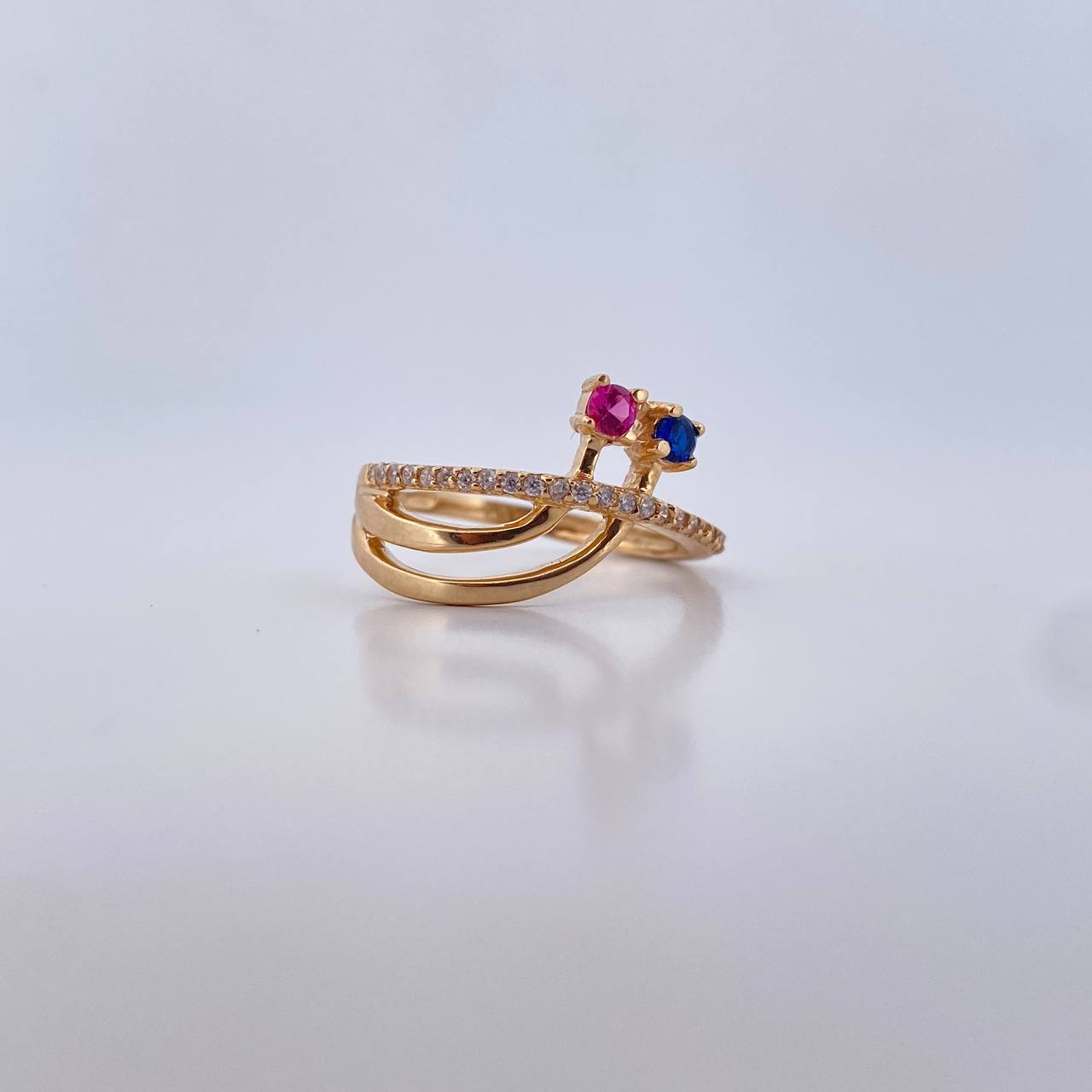 Ring Lines 2.5gr / T6 1/2 / White Fuchsia Blue Zircons Yellow Gold 18K $