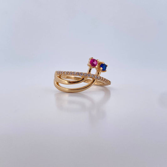 Ring Lines 2.5gr / T6 1/2 / White Fuchsia Blue Zircons Yellow Gold 18K $