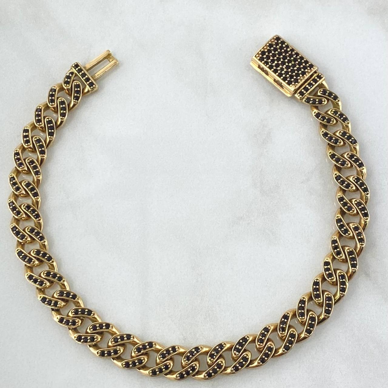 Cuban Links Bracelet Thick 17.5gr / 21cm / 8mm Lobster Claw Box Black Zirconia 18K Yellow Gold