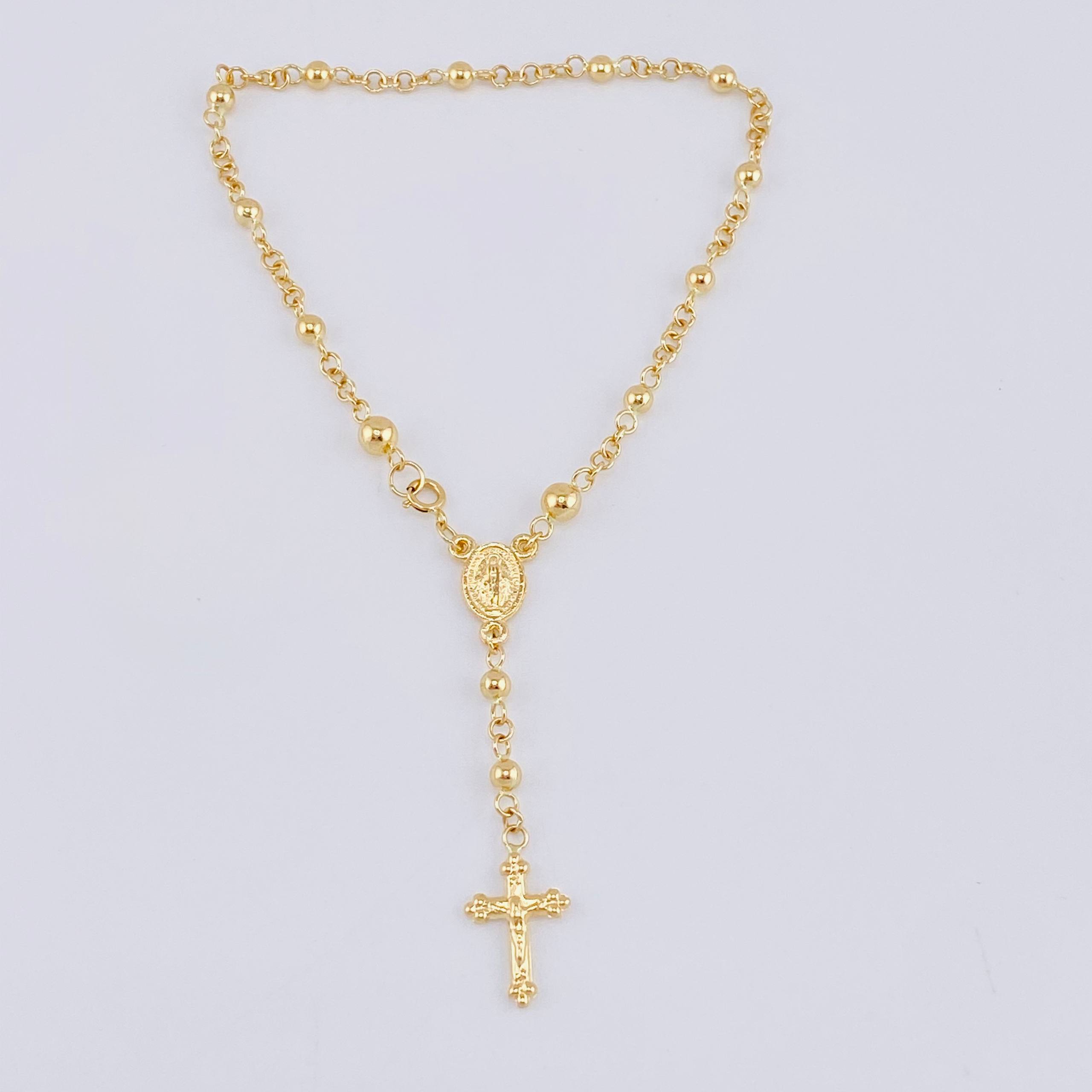 Tobillera Denario Virgen Milagrosa Cruz Cristo 3.85 g / 10 in / 4 mm - 3 mm Oro Amarillo 18K