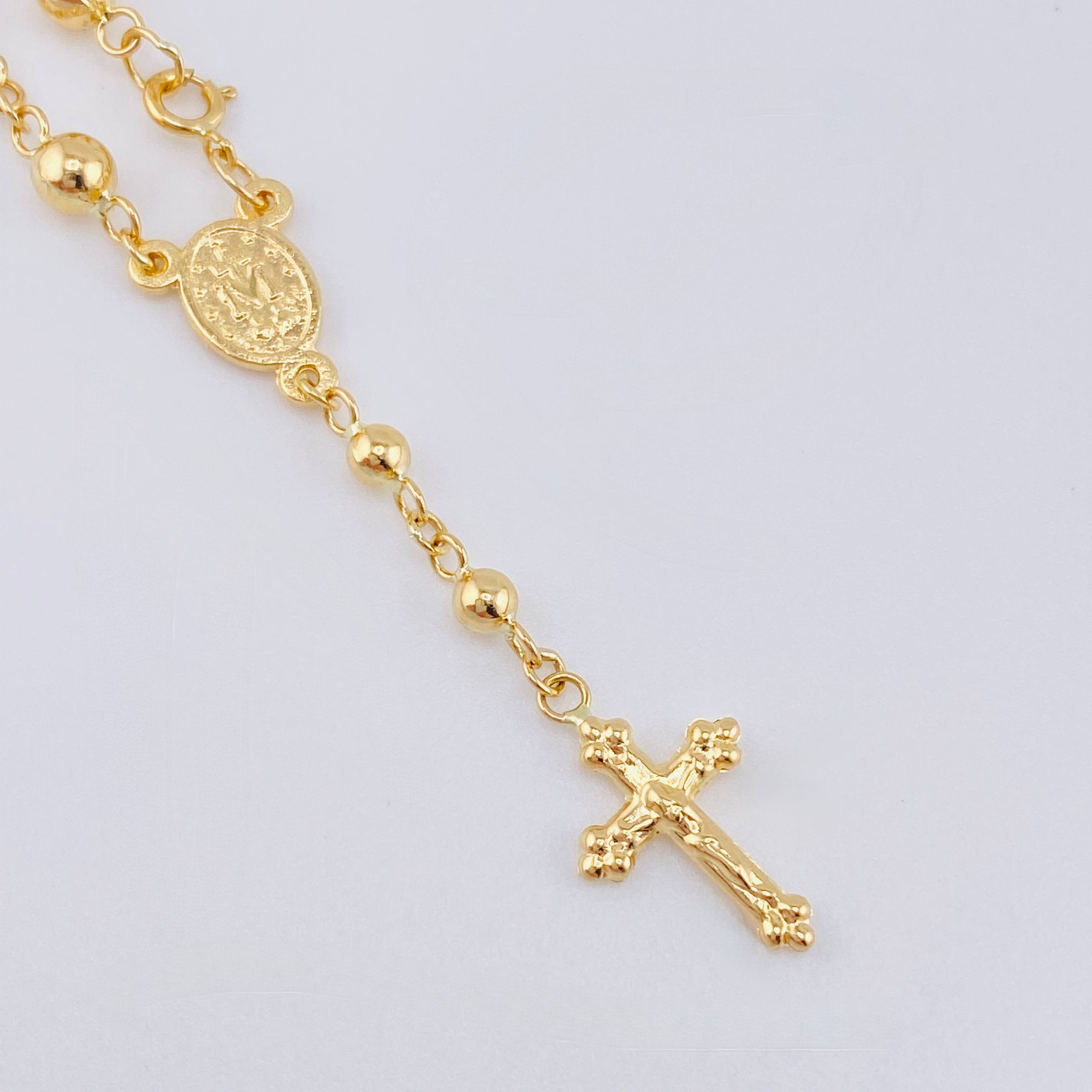 Tobillera Denario Virgen Milagrosa Cruz Cristo 3.85 g / 9 1/2 in / 4 mm - 3 mm Oro Amarillo 18K
