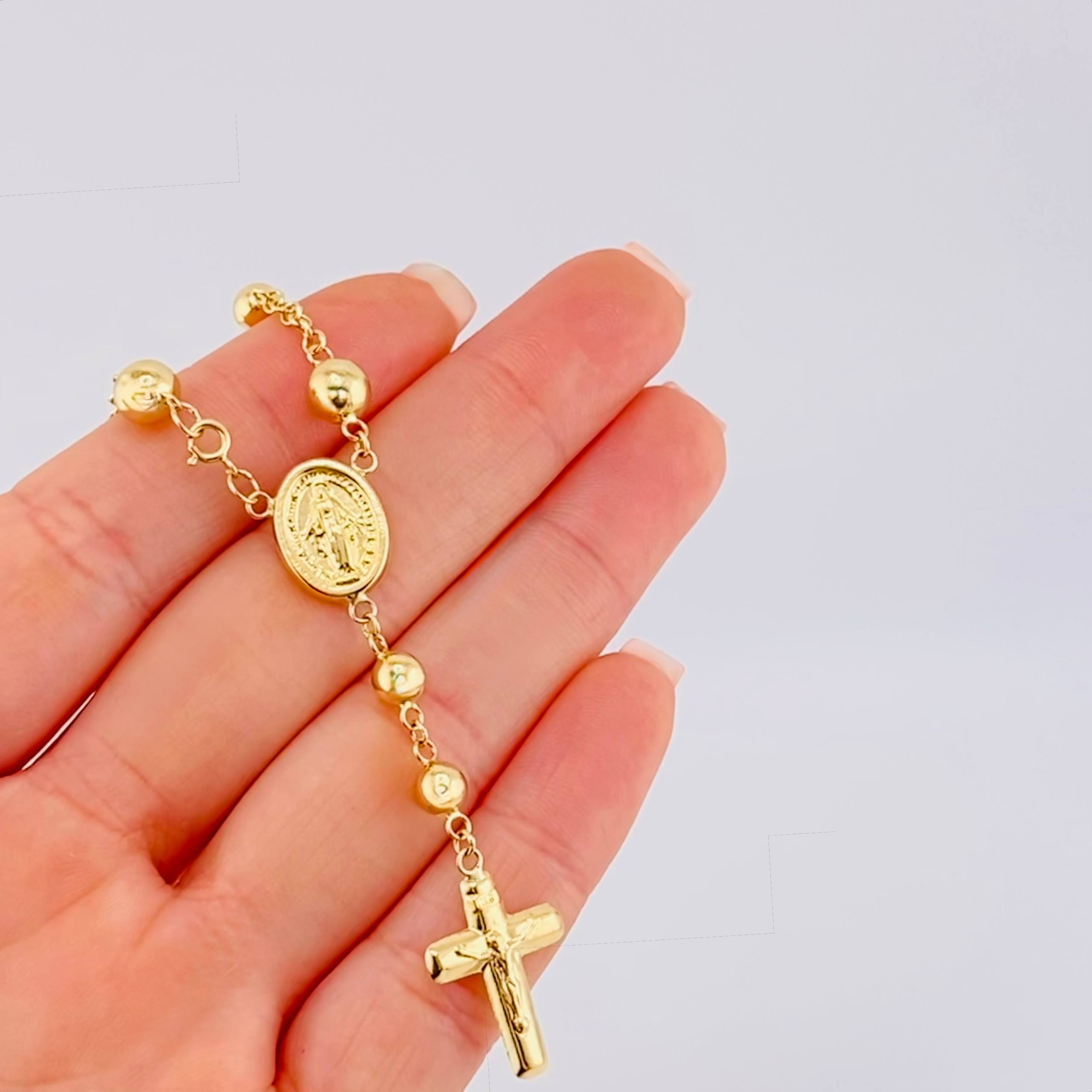 Tobillera Denario Virgen Milagrosa Cruz Cristo 5.25 g / 10 1/2 in / 5 mm - 6 mm Oro Amarillo 18K