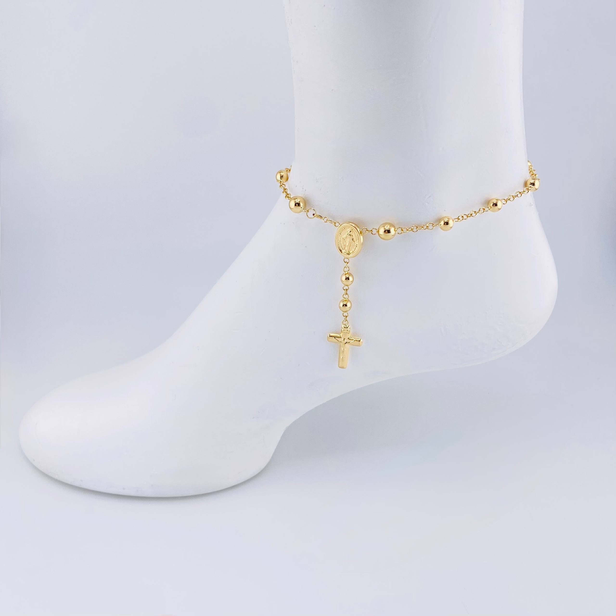 Tobillera Denario Virgen Milagrosa Cruz Cristo 5.05 g / 9 3/4 in / 5 mm - 6 mm Oro Amarillo 18K