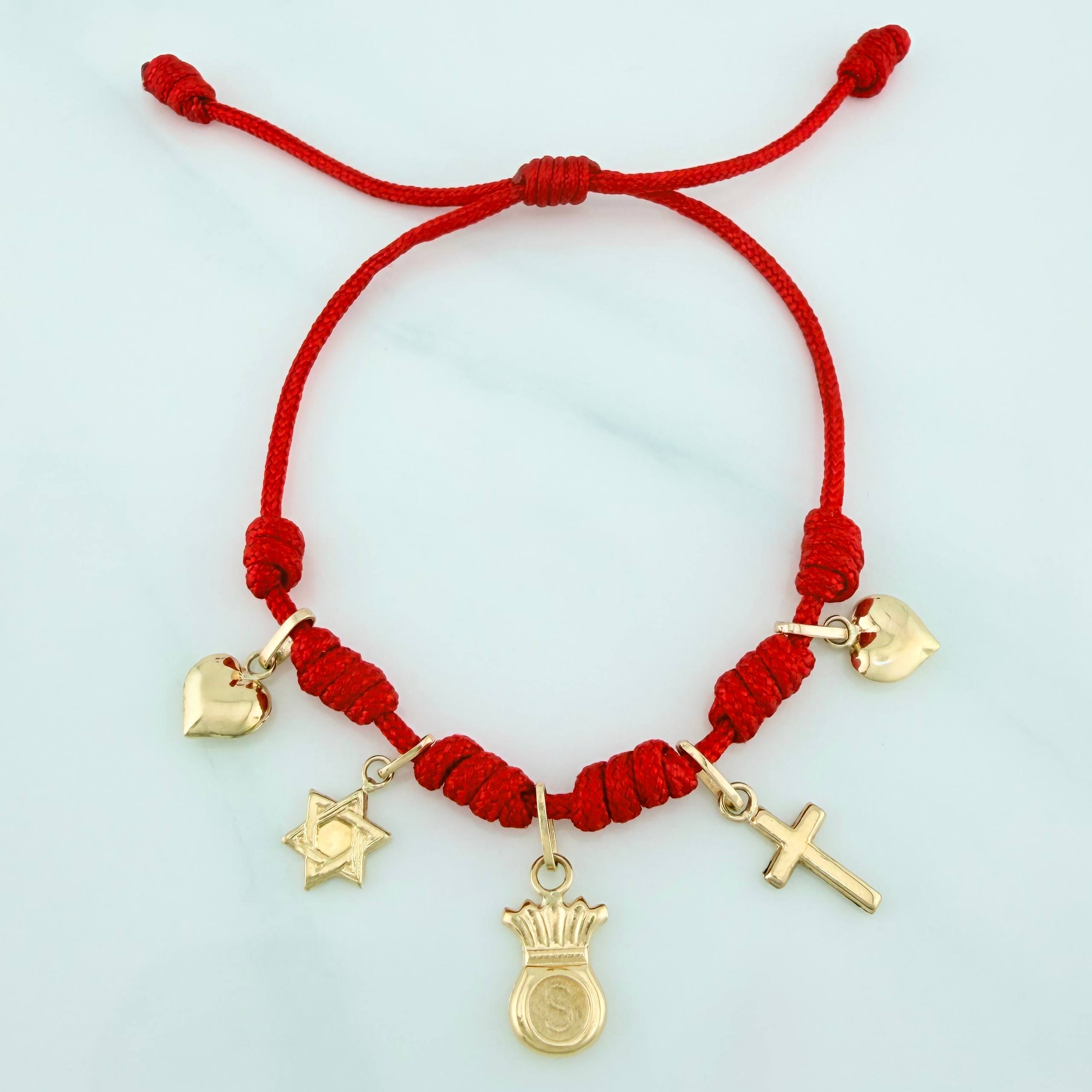 Pulsera Tejida Roja Siete Nudo Oro Amarillo 18K