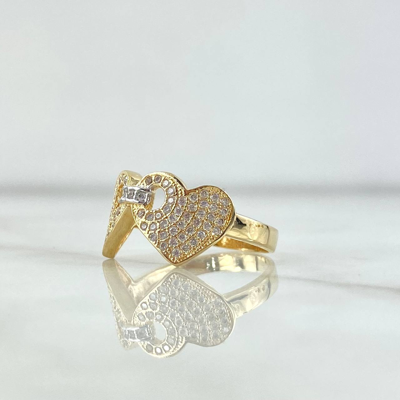 Double Linked Heart Ring 3.8gr / Size 6 3/4 / White Zircons 18K Yellow Gold
