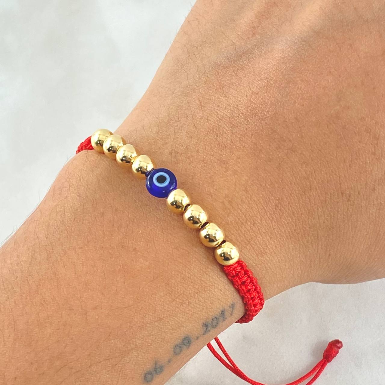 Red Bracelet Turkish Eye 8 Units Plain Beads 5mm / 18K Gold (A.C)