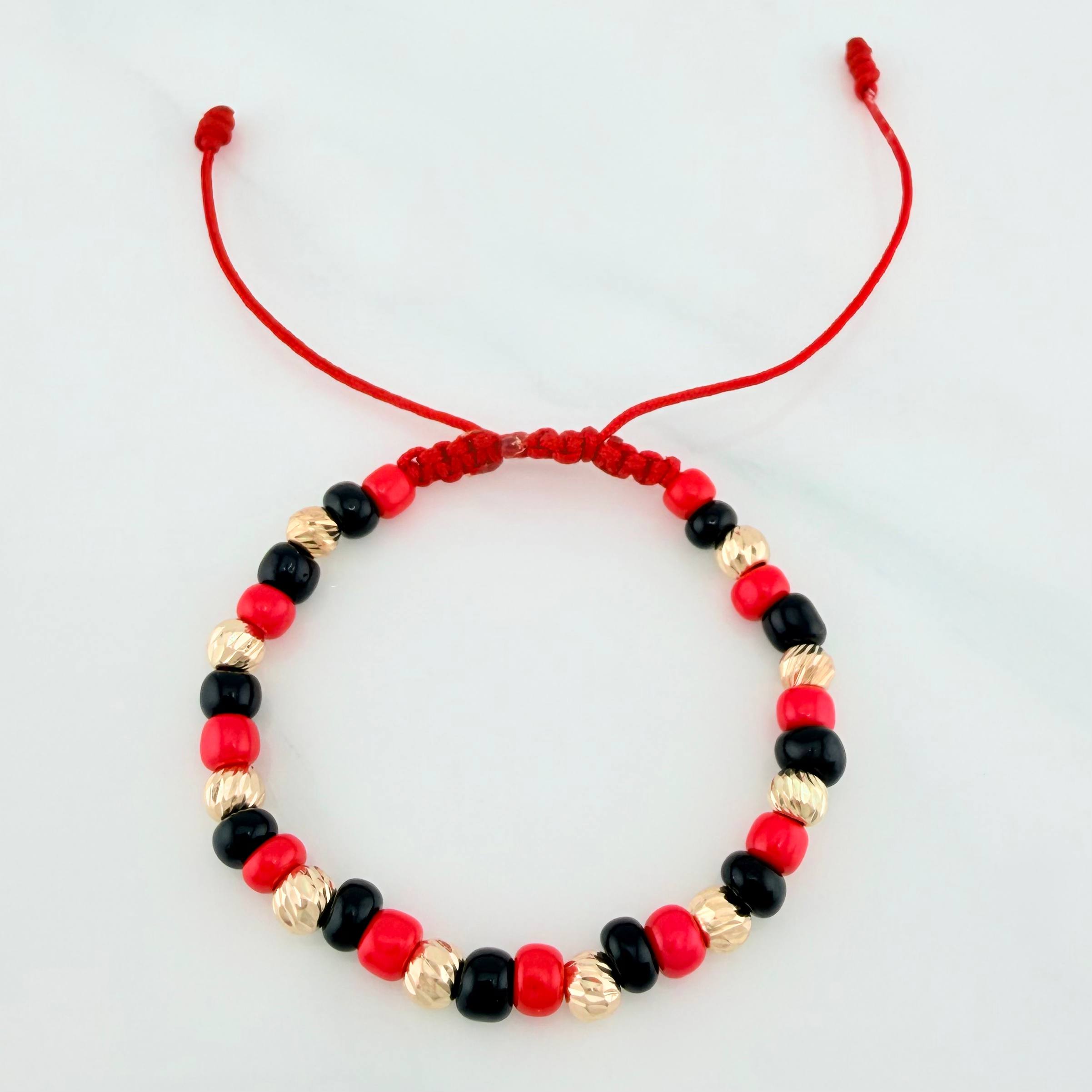 Pulsera Tejida Roja Mostacillas Oro Amarillo 18K