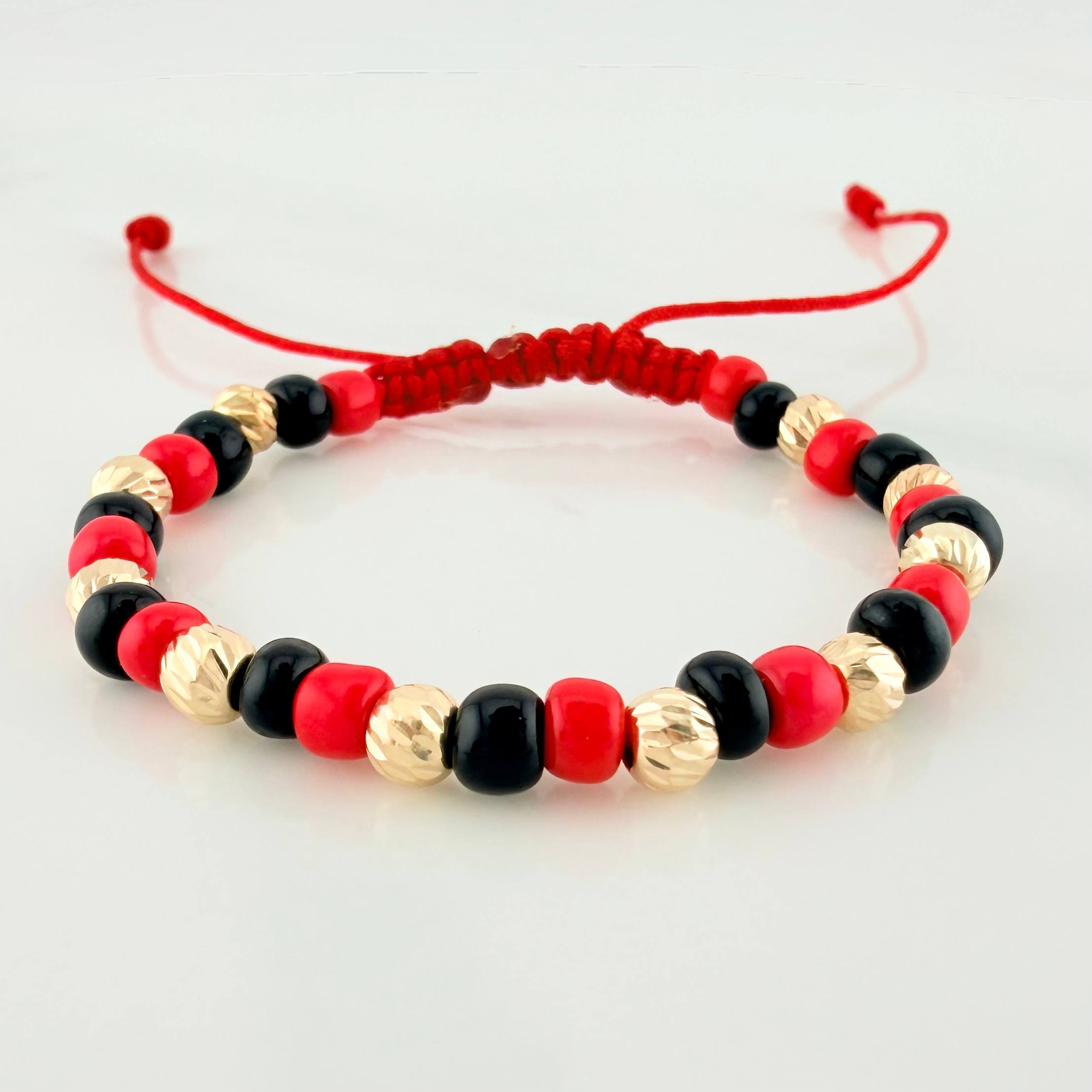 Pulsera Tejida Roja Mostacillas Oro Amarillo 18K