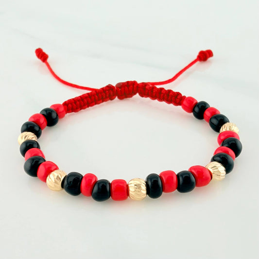 Red Woven Bracelet with Yellow Gold Beads 18K