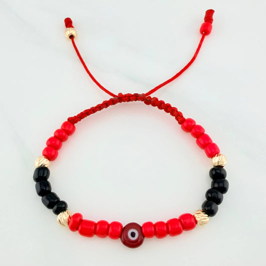 Pulsera Tejida Roja Mostacillas Ojo Turco Oro Amarillo 18K
