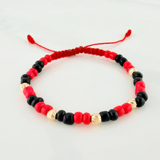 Red Woven Bracelet with Yellow Gold Beads 18K
