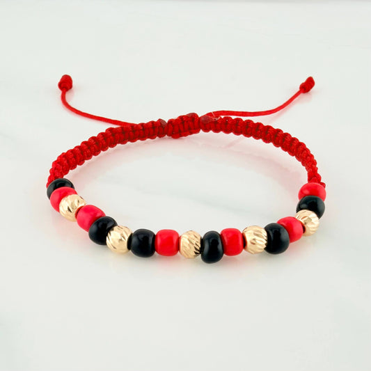 Red Woven Bracelet with Yellow Gold Beads 18K
