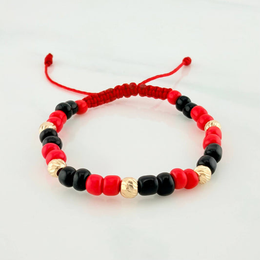 Red Woven Bracelet with Yellow Gold Beads 18K