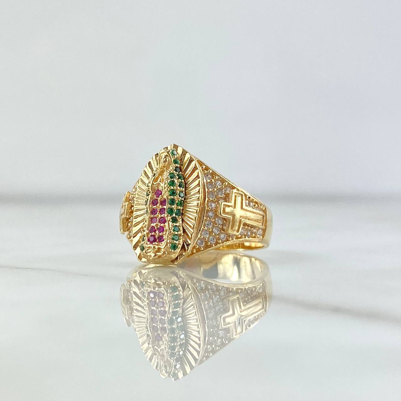 Virgin Guadalupe Ring Crosses 6.65gr / Size 7 / White, Green, and Fuchsia Zircons 18K Yellow Gold