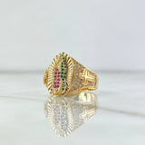 Virgin Guadalupe Ring Crosses 6.65gr / Size 7 / White, Green, and Fuchsia Zircons 18K Yellow Gold