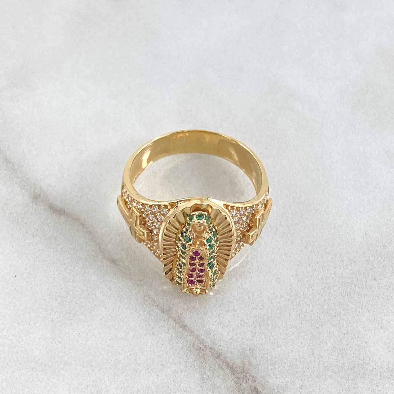 Virgin Guadalupe Ring Crosses 6.65gr / Size 7 / White, Green, and Fuchsia Zircons 18K Yellow Gold