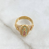 Virgin Guadalupe Ring Crosses 6.65gr / Size 7 / White, Green, and Fuchsia Zircons 18K Yellow Gold