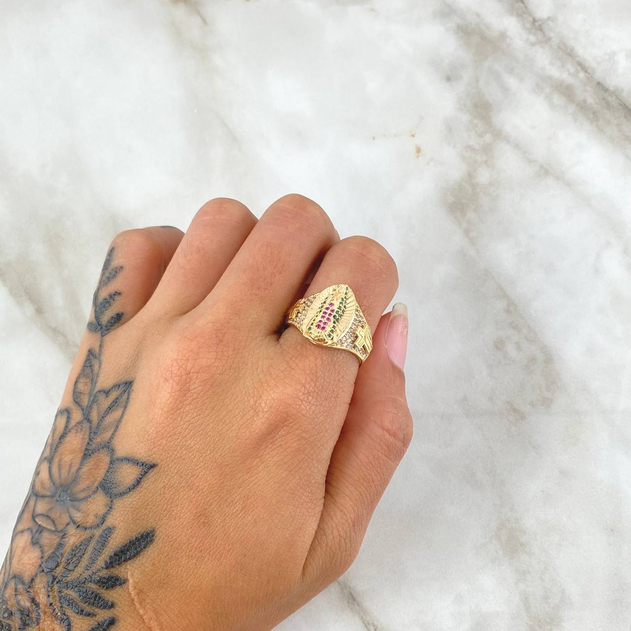 Virgin Guadalupe Ring Crosses 6.65gr / Size 7 / White, Green, and Fuchsia Zircons 18K Yellow Gold