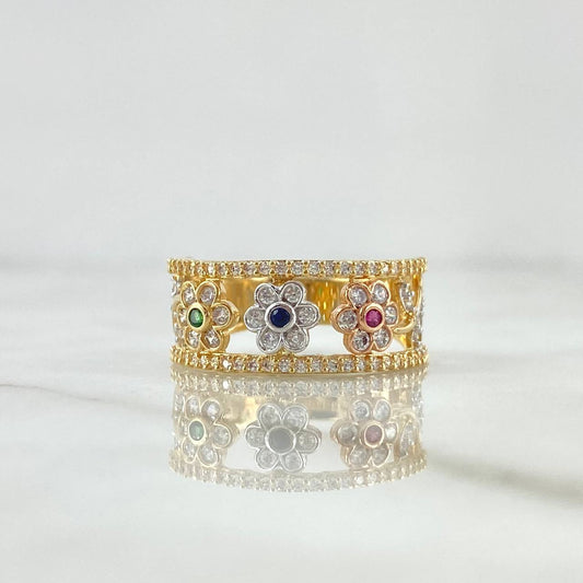 Flower Track Ring 4.5gr / Size 7 1/2 / Colored Zircons 18K Yellow Gold