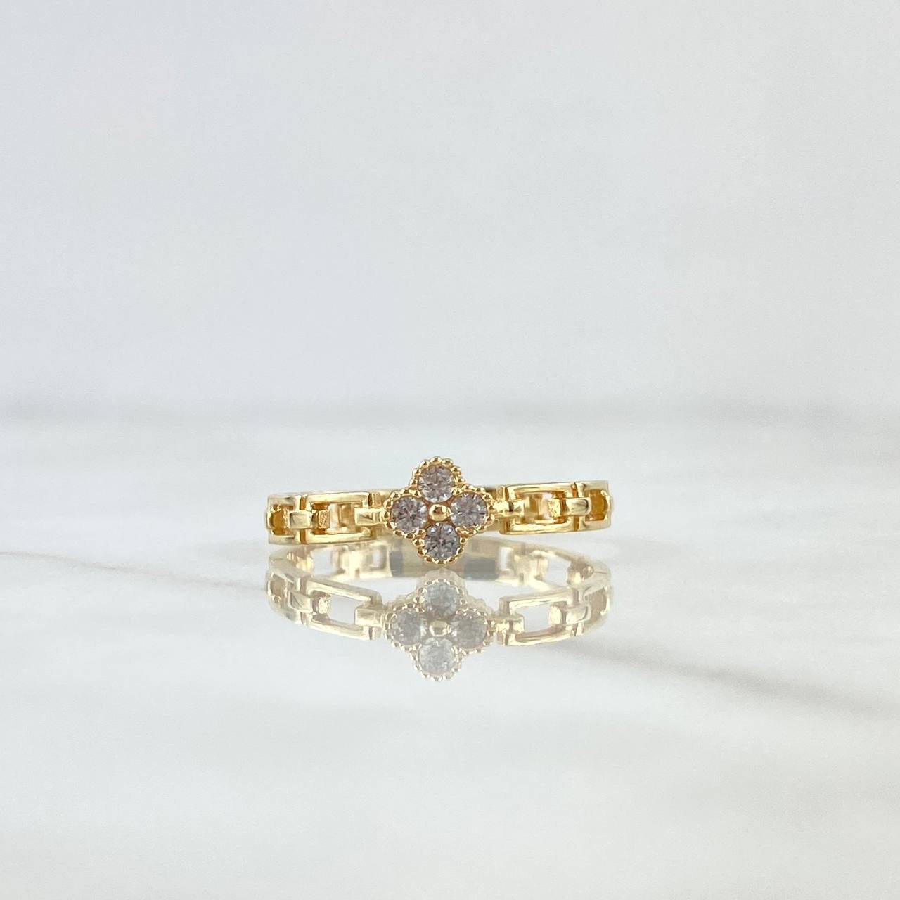 Flower Ring with Dotted Hollow Links 2gr / Size 7 1/4 / White Zircons 18K Yellow Gold