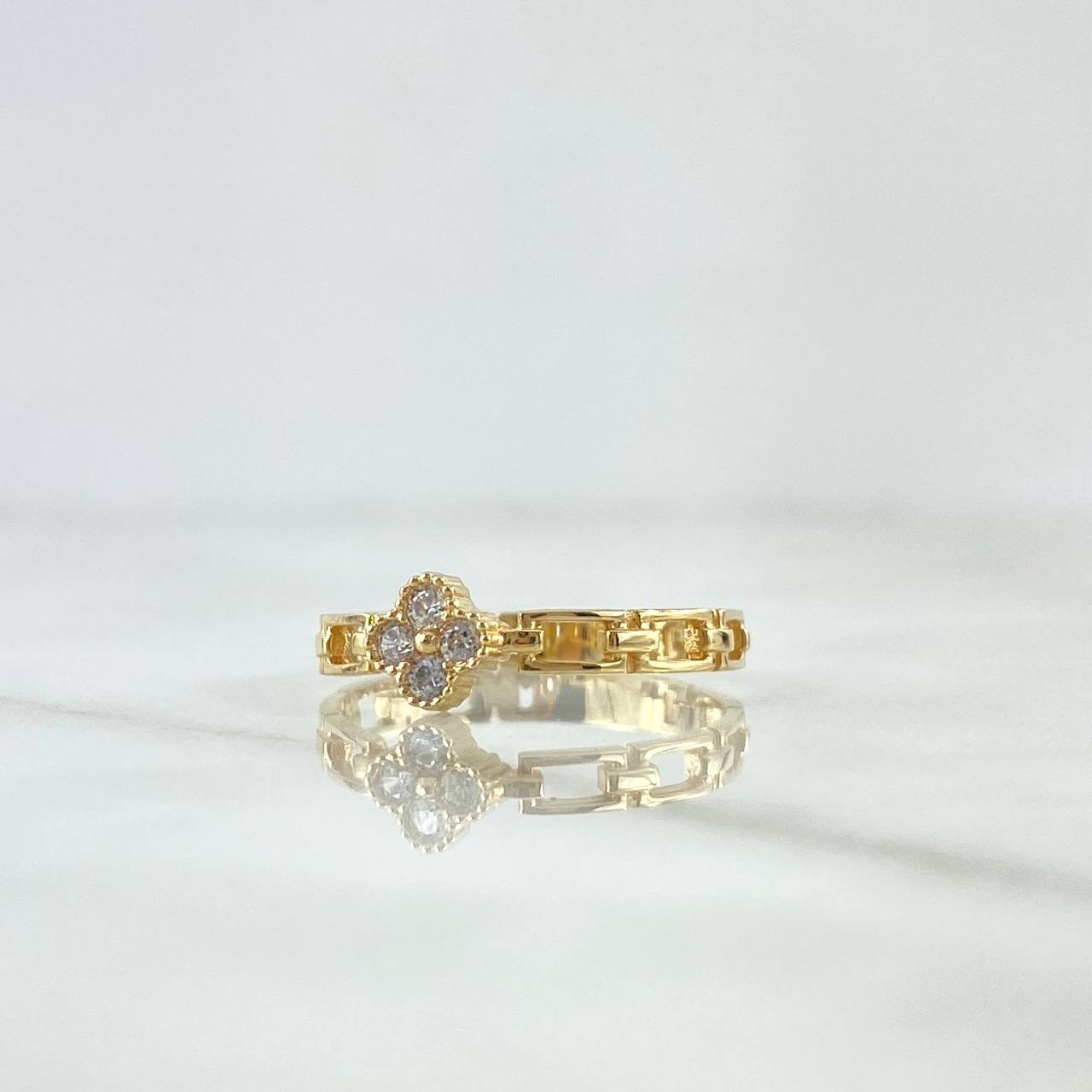 Flower Ring with Dotted Hollow Links 2gr / Size 7 1/4 / White Zircons 18K Yellow Gold