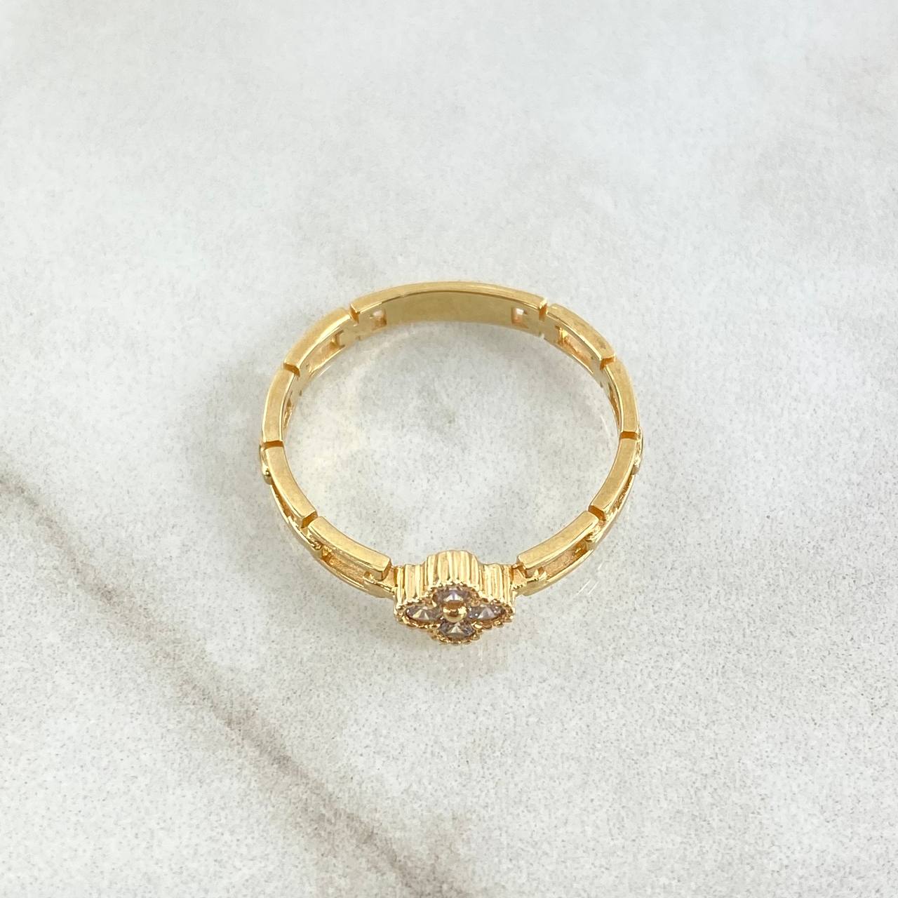 Flower Ring with Dotted Hollow Links 2gr / Size 7 1/4 / White Zircons 18K Yellow Gold