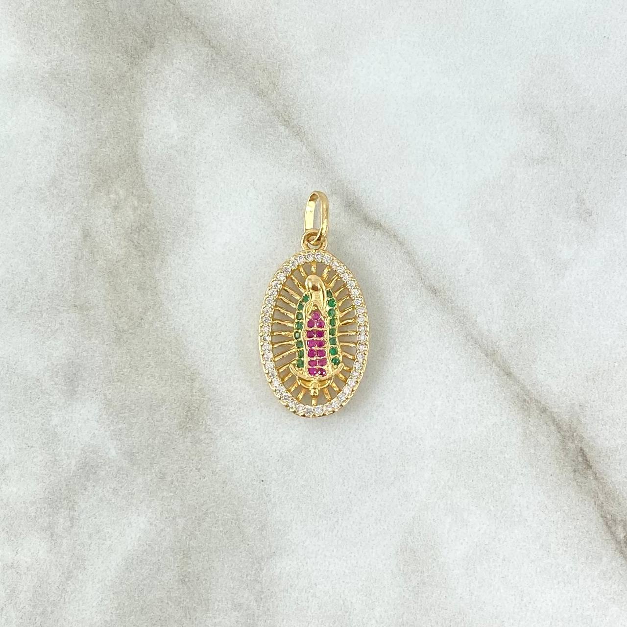 Pendant Virgin Guadalupe 2.5gr / 2.6cm / Oval Filigree White Green Fuchsia Zircons 18K Yellow Gold