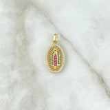 Pendant Virgin Guadalupe 2.5gr / 2.6cm / Oval Filigree White Green Fuchsia Zircons 18K Yellow Gold
