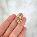 Pendant Virgin Guadalupe 2.5gr / 2.6cm / Oval Filigree White Green Fuchsia Zircons 18K Yellow Gold