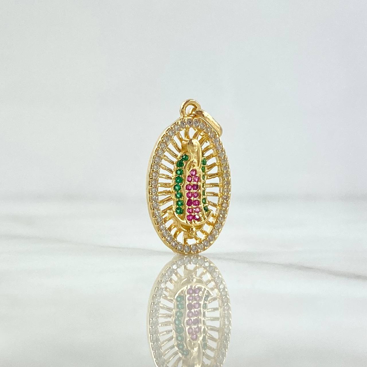 Pendant Virgin Guadalupe 2.5gr / 2.6cm / Oval Filigree White Green Fuchsia Zircons 18K Yellow Gold