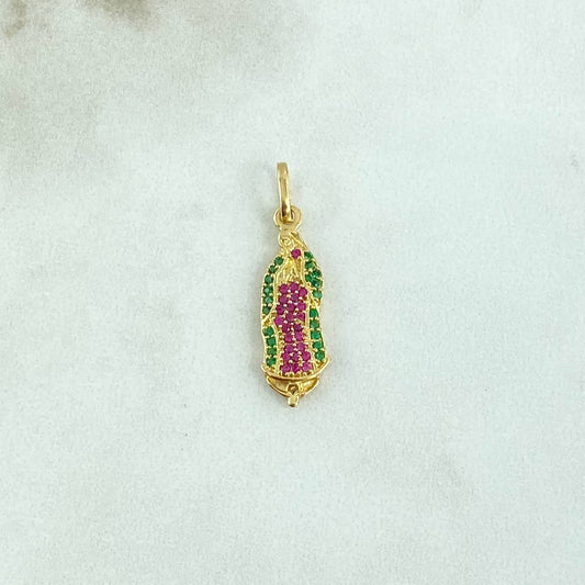 Dije Virgen Guadalupe 1.8gr / 2.8cm / Silueta - Circones Verdes Y Fucsias Oro Amarillo 18K