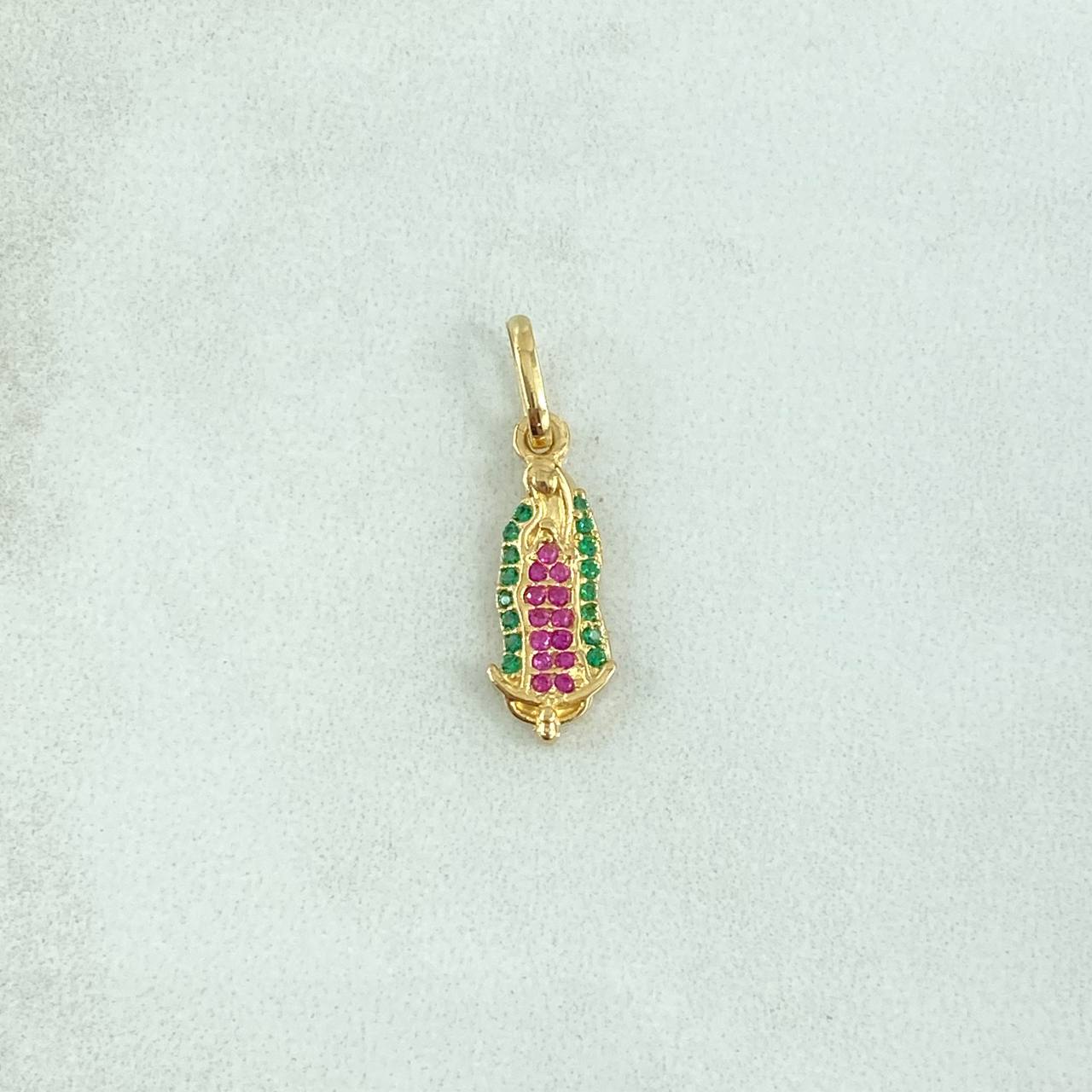 Dije Virgen Guadalupe 1.2gr / 2.3cm / Silueta - Circones Verdes Y Fucsias Oro Amarillo 18K
