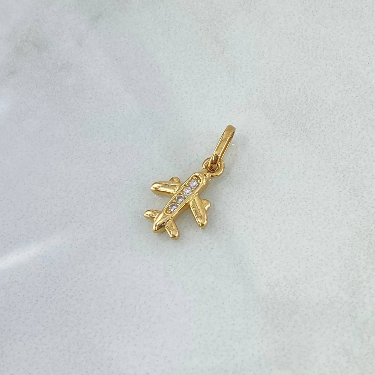 Dije Avión Medio Basteado 0.9gr / 1.8cm / Circones Blancos Oro Amarillo 18K