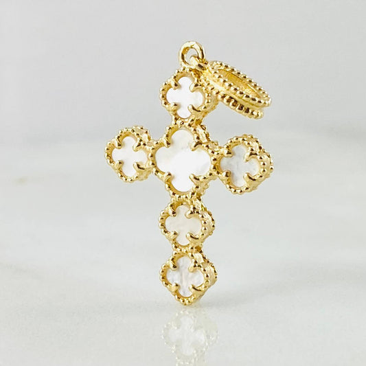 Dije Cruz Trebol Nacar Blanco 3.05gr / 1 1/4 in / Oro Amarillo Nac.Esp. 18K