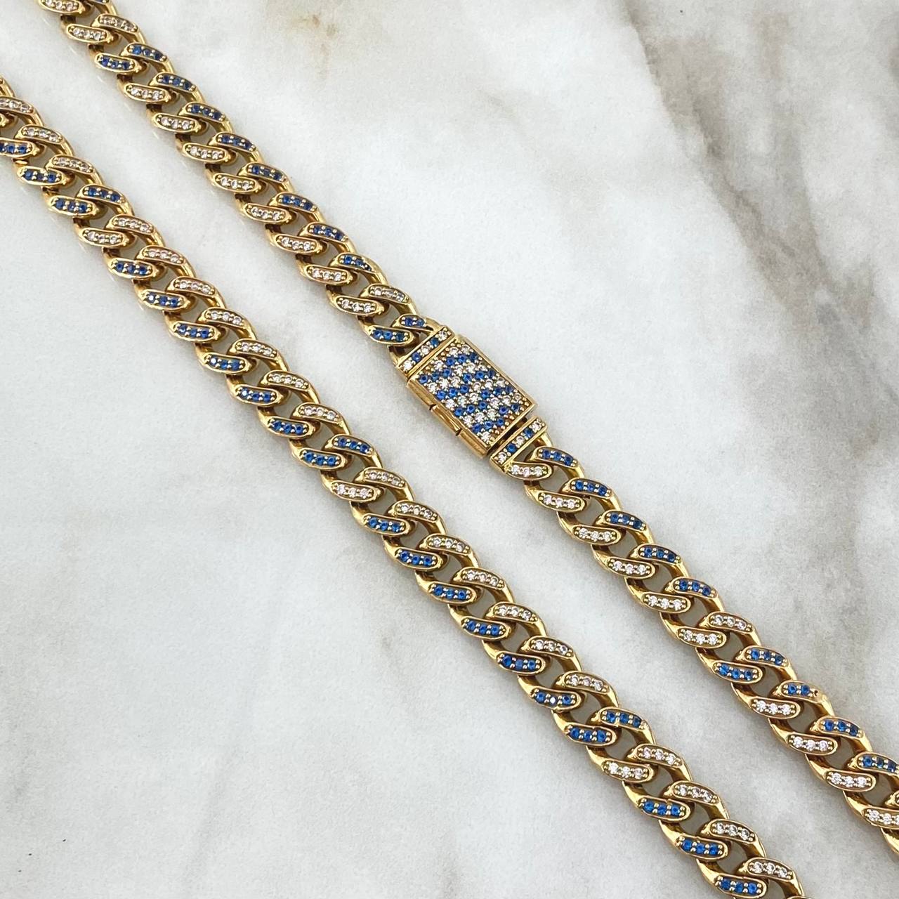 Cadena Cubana Tupida 50gr / 60cm / 8mm Broche Cajon Circones Blancos Azules Oro Amarillo 18K