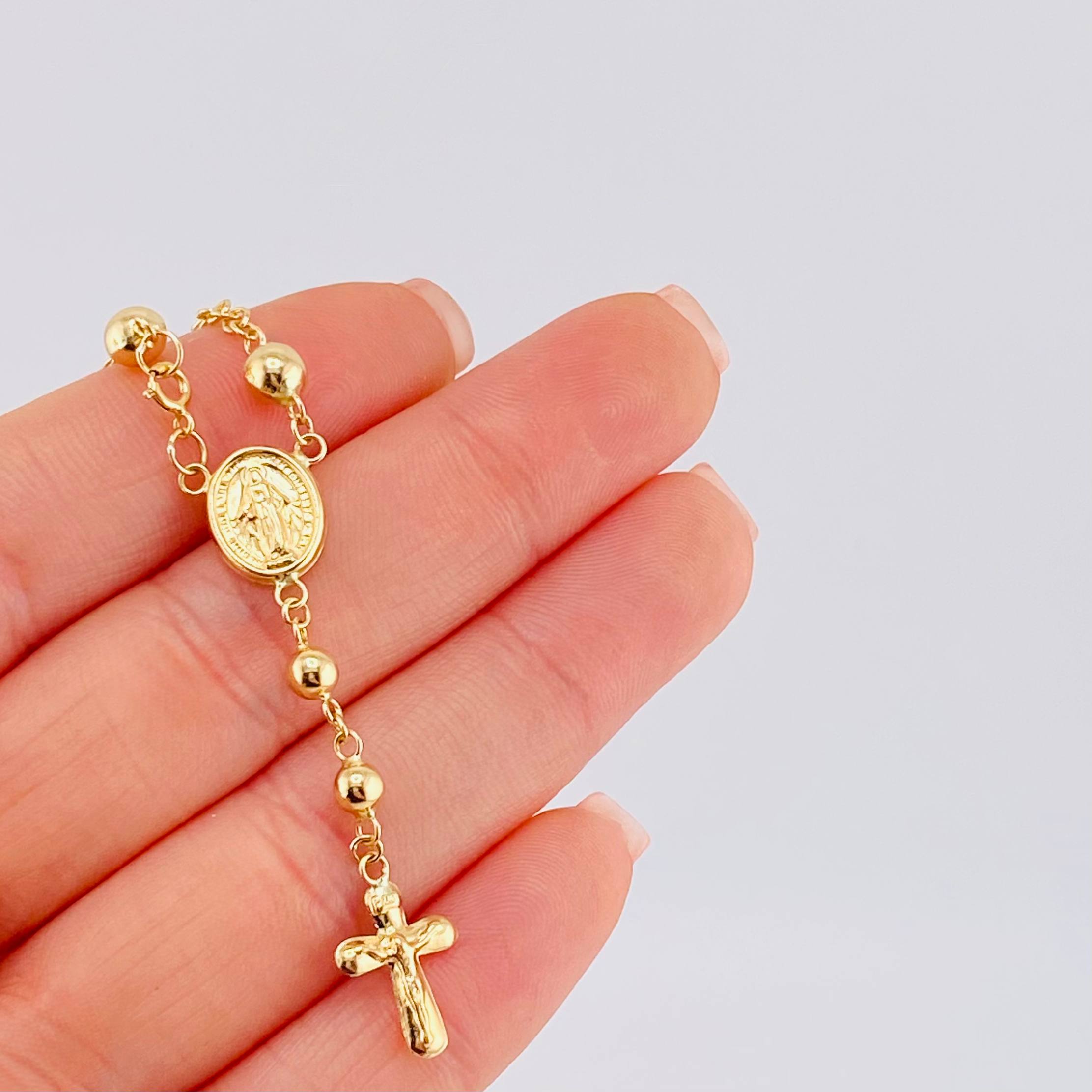 Tobillera Denario Virgen Milagrosa Cruz Cristo 4.5gr / 11 1/2 in / 4mm - 5mm Oro Amarillo 18K ©