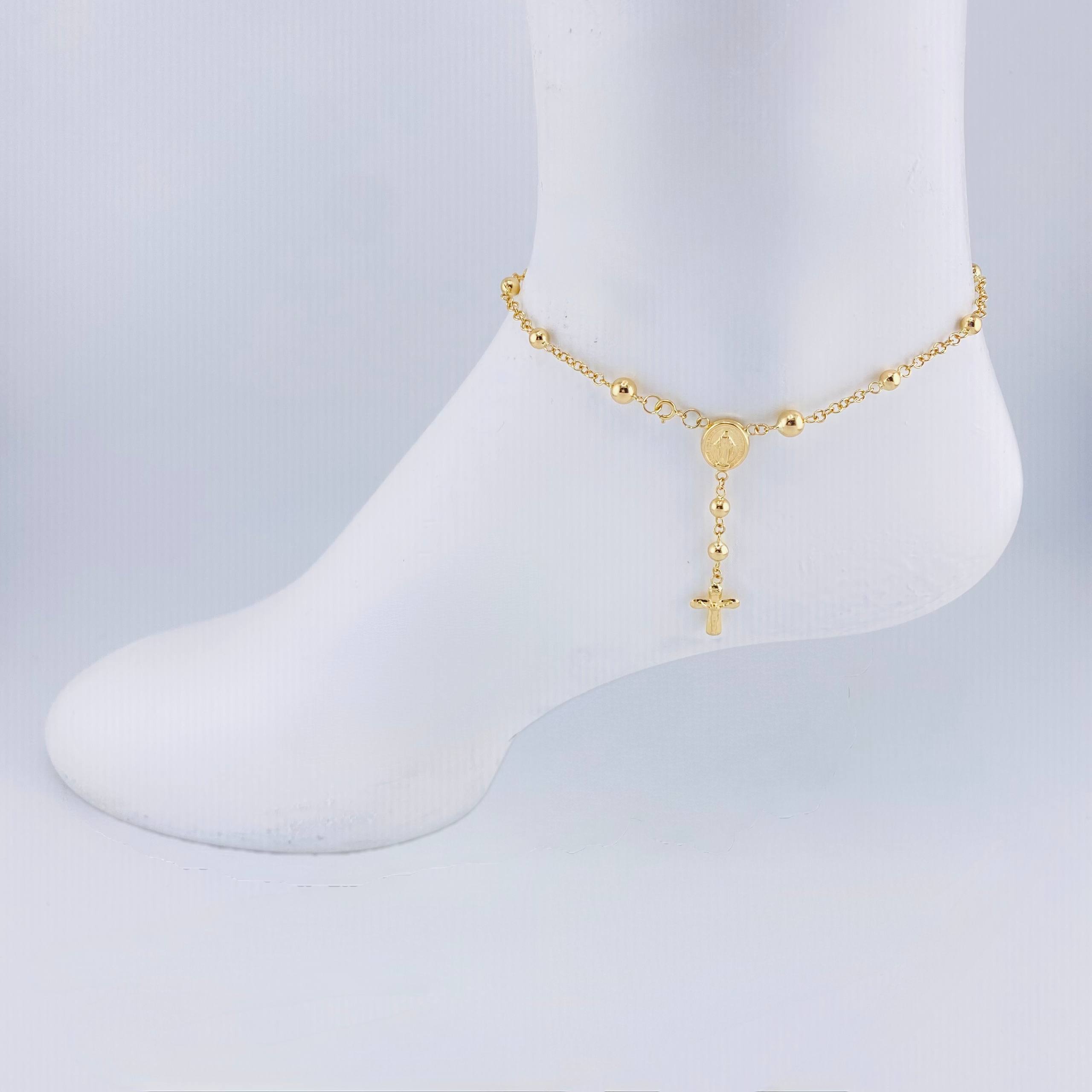 Tobillera Denario Virgen Milagrosa Cruz Cristo 4.3 g / 10 3/4 in / 5 mm - 4 mm Oro Amarillo 18K