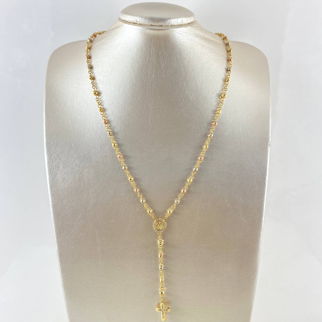 Miraculous Virgin Rosary 17.3gr / 62.5cm / 5mm- 4mm Beads- Diamond Cut Cross Christ Edged White Zirconia Three 18K Golds