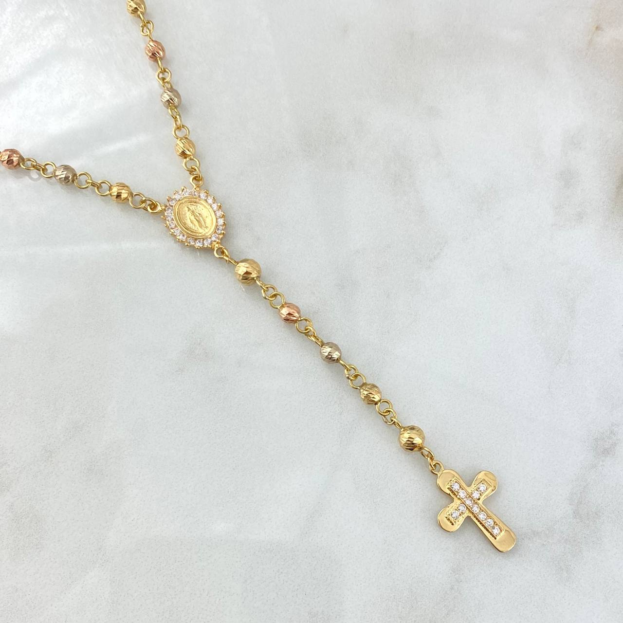 Miraculous Virgin Rosary 17.3gr / 62.5cm / 5mm- 4mm Beads- Diamond Cut Cross Christ Edged White Zirconia Three 18K Golds