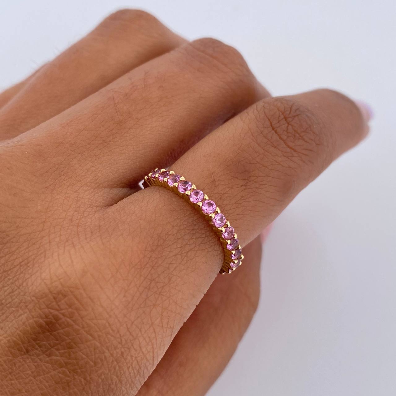 Ring Band 1.75gr / Size 4 3/4 / Pink Zircons 18K Yellow Gold $