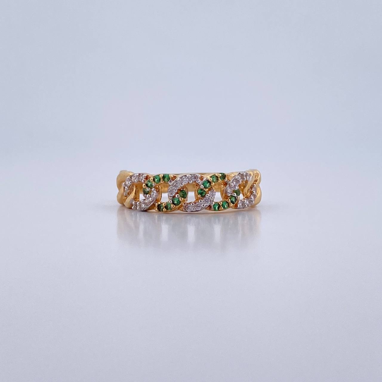 Cuban Ring 2.3gr / T6 1/2 / White and Green Zircons Two 18K Yellow and White Golds $