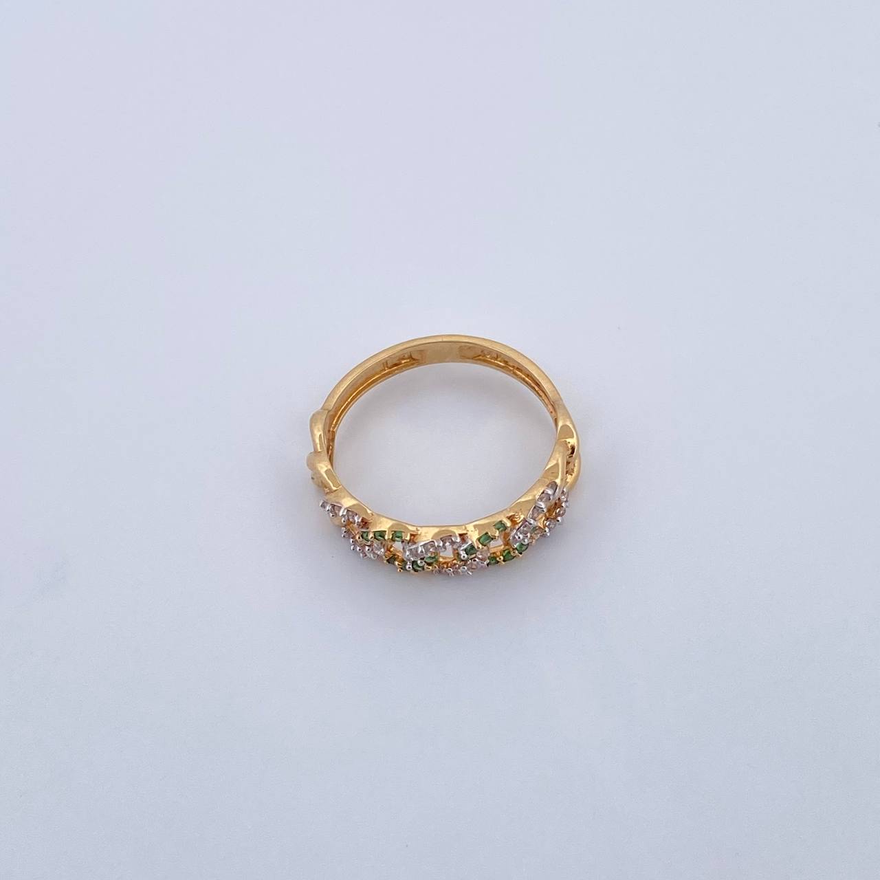 Cuban Ring 2.3gr / T6 1/2 / White and Green Zircons Two 18K Yellow and White Golds $