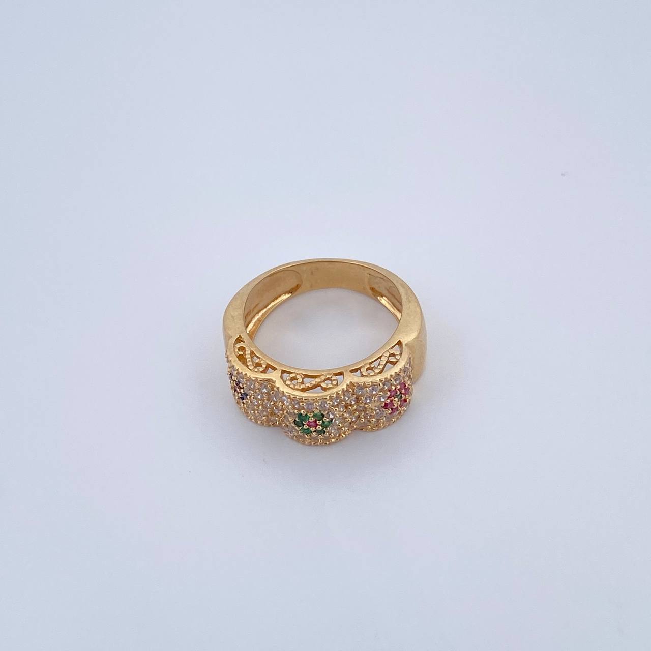 Ring Flowers 6.05gr / T6 1/4 / Green Fuchsia Blue White Zircons 18K Yellow Gold $