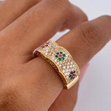 Ring Flowers 6.05gr / T6 1/4 / Green Fuchsia Blue White Zircons 18K Yellow Gold $