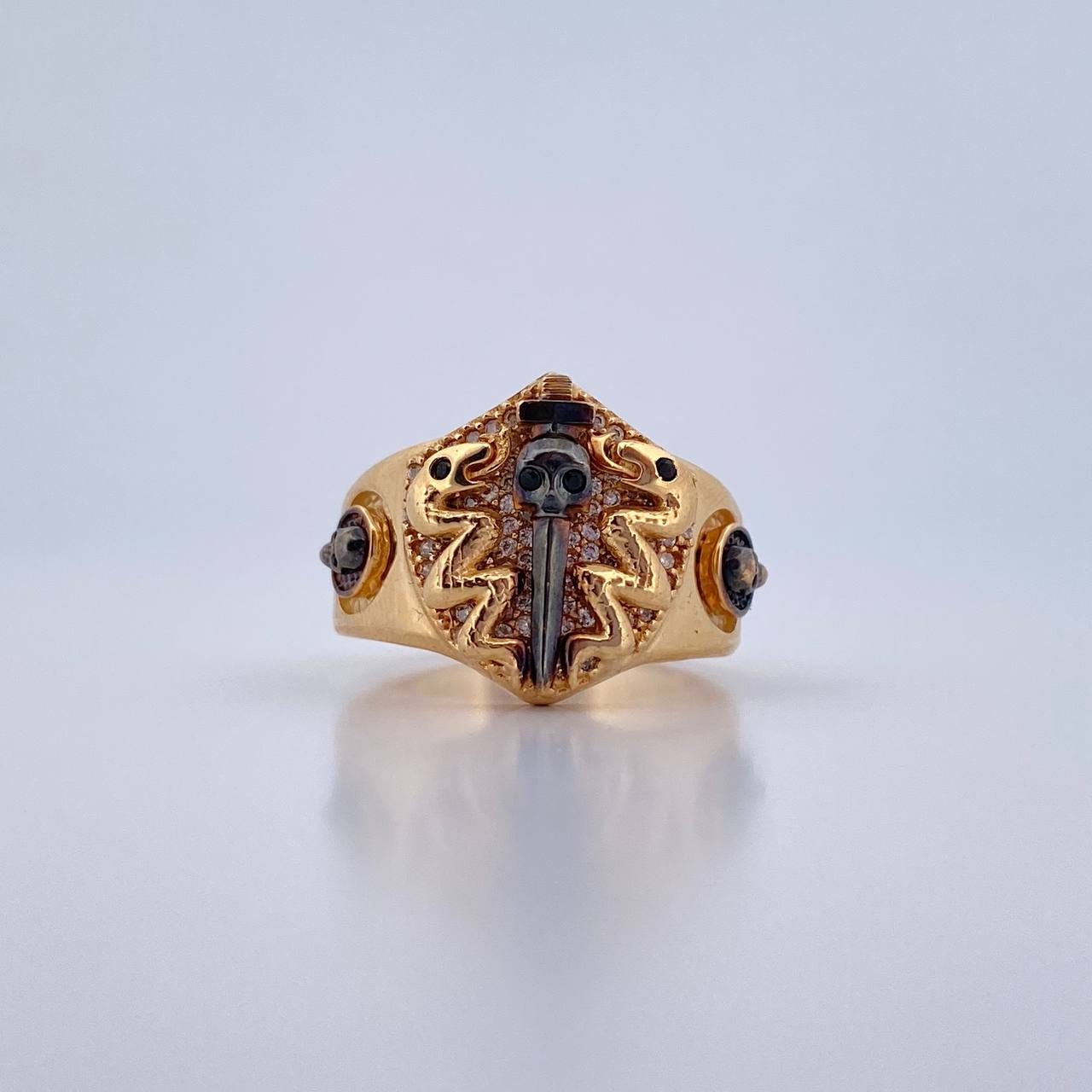 Skull Swords Ring 11.6gr / Size 9 1/2 / Black and White Zircons Two-tone Black Yellow 18K Gold $